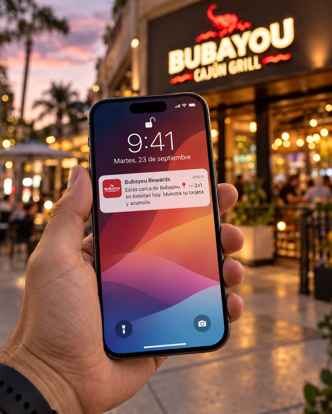 Notificación de la Wallet Card al pasar cerca del comercio: 'Estás cerca — 2x1 en bebidas hoy'